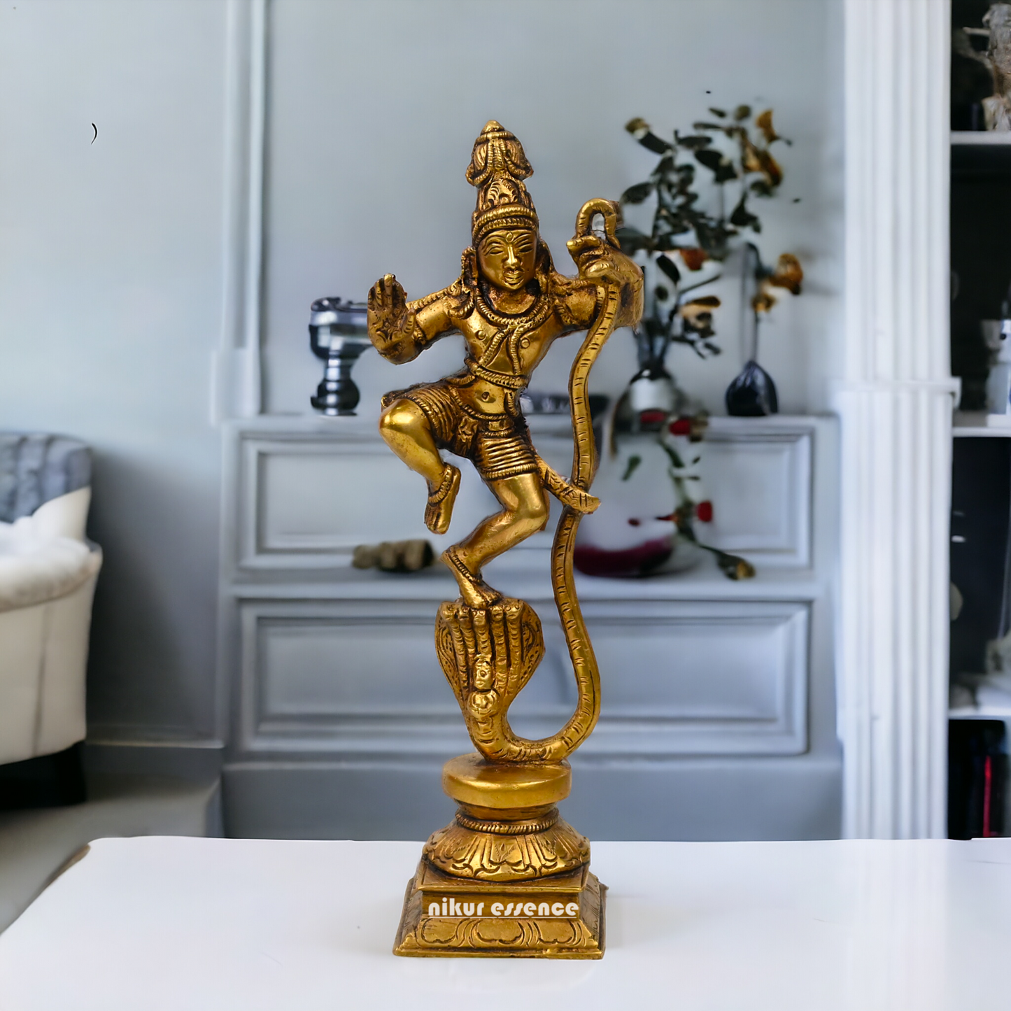 Antique Brass Kaliya Naag Krishna Idol by Nikur Essence - 9 inches Nikuressence