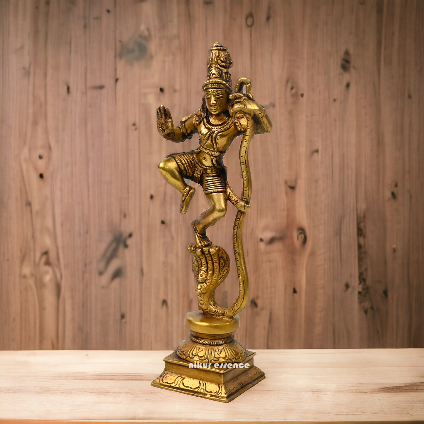 Antique Brass Kaliya Naag Krishna Idol by Nikur Essence - 9 inches Nikuressence