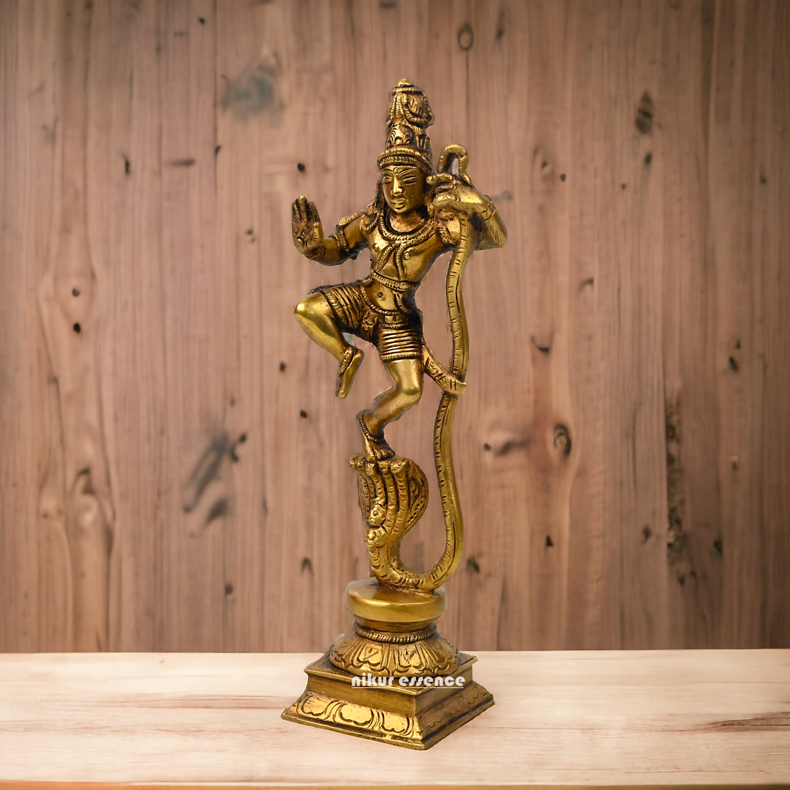 Antique Brass Kaliya Naag Krishna Idol by Nikur Essence - 9 inches Nikuressence