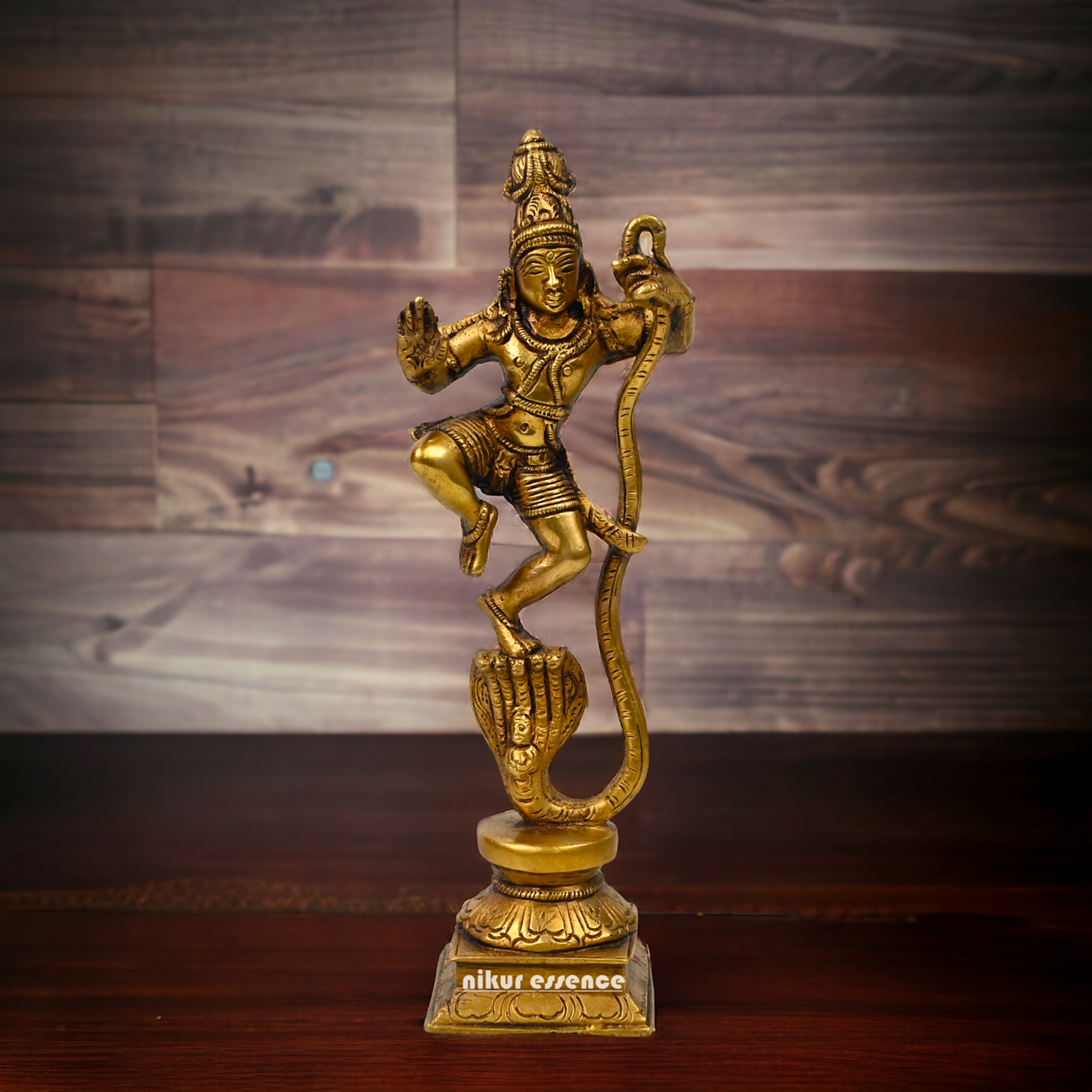 Antique Brass Kaliya Naag Krishna Idol by Nikur Essence - 9 inches Nikuressence
