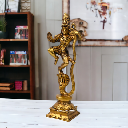 Antique Brass Kaliya Naag Krishna Idol by Nikur Essence - 9 inches Nikuressence