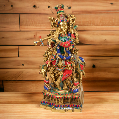 Online large Brass Krishna Cow with stone work Idol - 29 inches Nikuressence