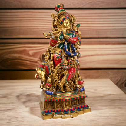 Online large Brass Krishna Cow with stone work Idol - 29 inches Nikuressence