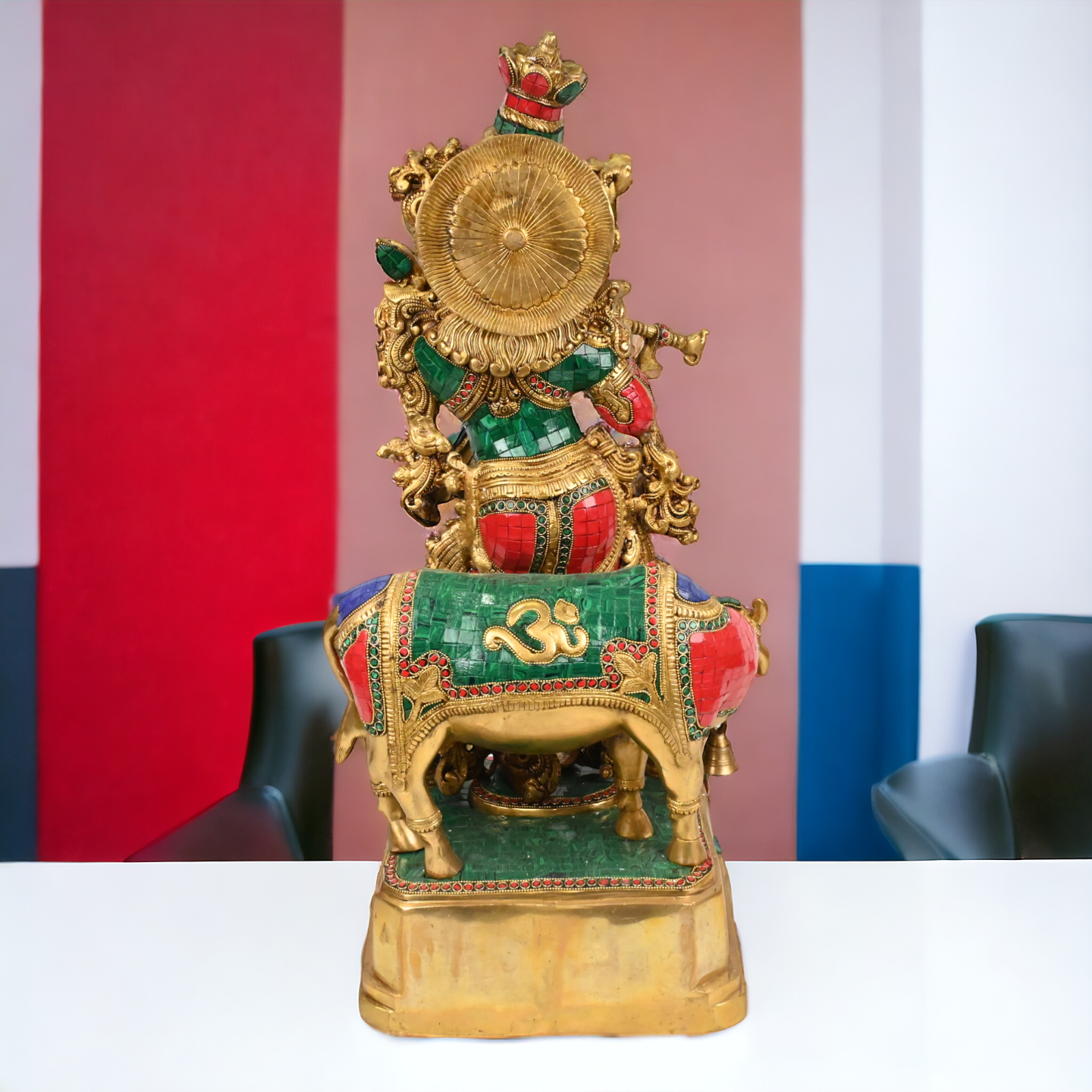 Online large Brass Krishna Cow with stone work Idol - 29 inches Nikuressence