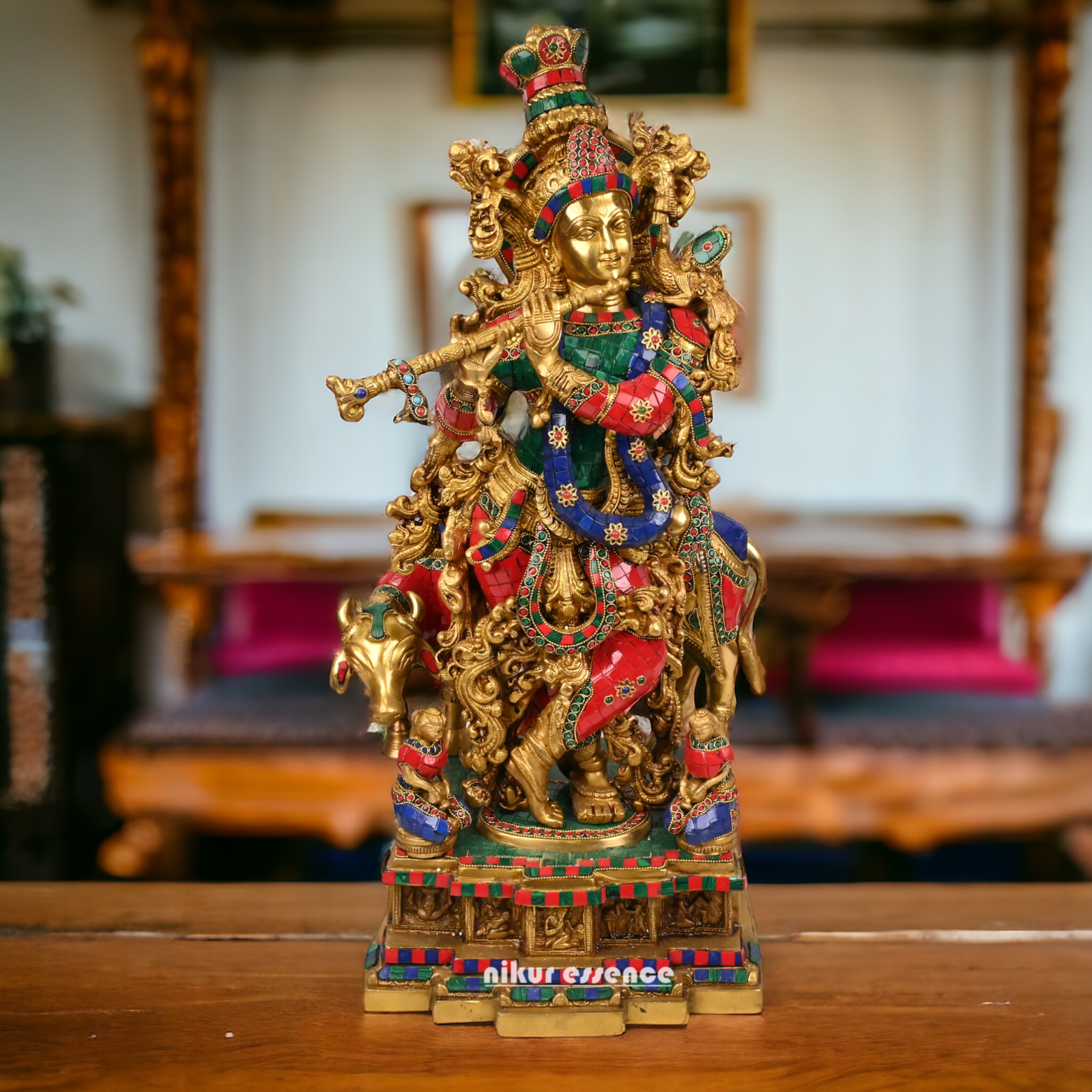 Online large Brass Krishna Cow with stone work Idol - 29 inches Nikuressence