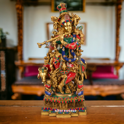 Online large Brass Krishna Cow with stone work Idol - 29 inches Nikuressence