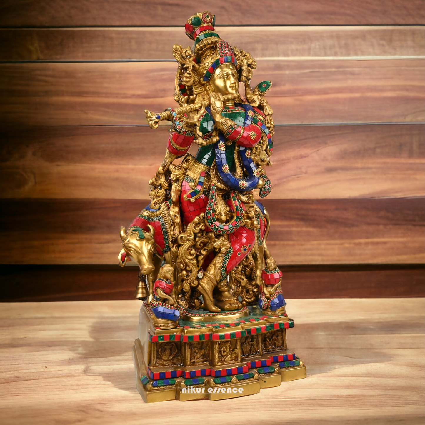 Online large Brass Krishna Cow with stone work Idol - 29 inches Nikuressence