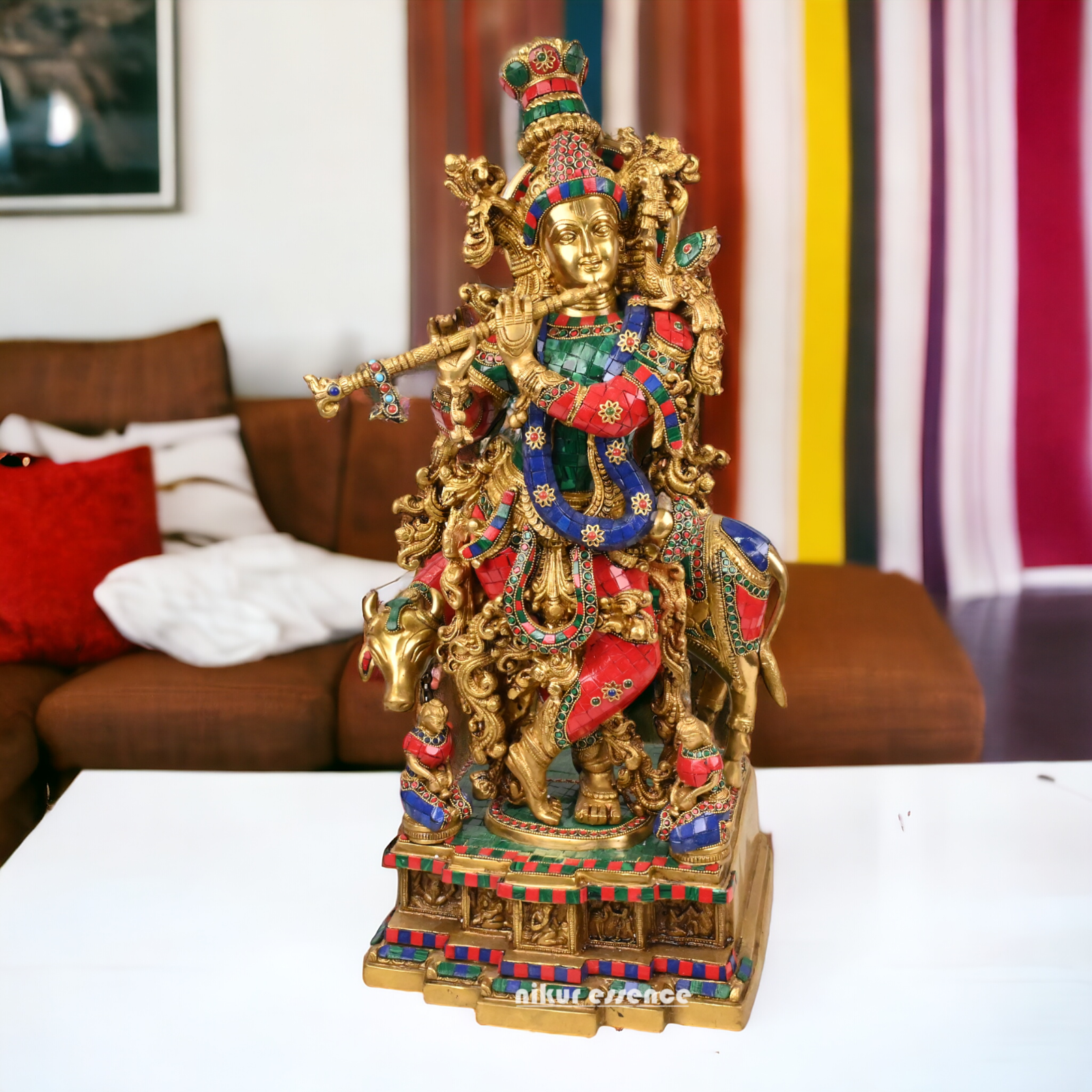 Online large Brass Krishna Cow with stone work Idol - 29 inches Nikuressence