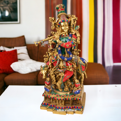 Online large Brass Krishna Cow with stone work Idol - 29 inches Nikuressence