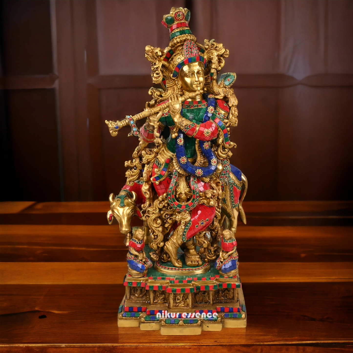 Online large Brass Krishna Cow with stone work Idol - 29 inches Nikuressence