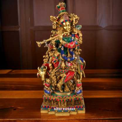 Online large Brass Krishna Cow with stone work Idol - 29 inches Nikuressence