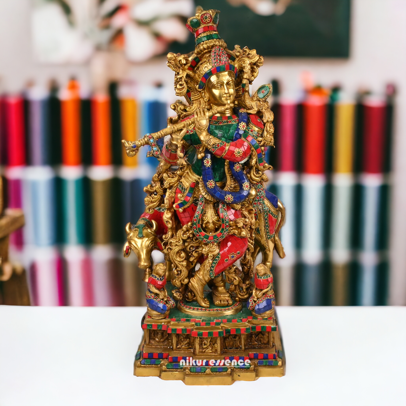 Online large Brass Krishna Cow with stone work Idol - 29 inches Nikuressence