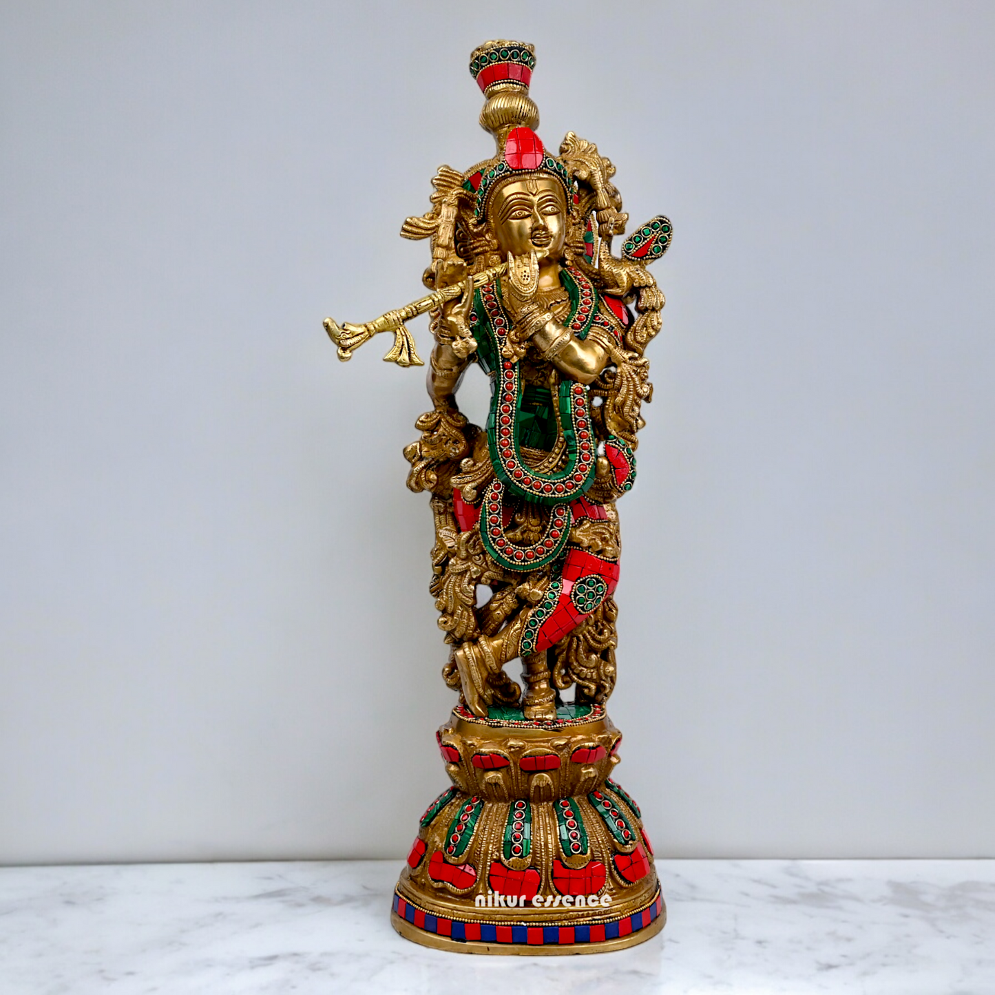 Large Krishna Playing Flute Brass with Stone Work Idol - 29 inches Nikuressence