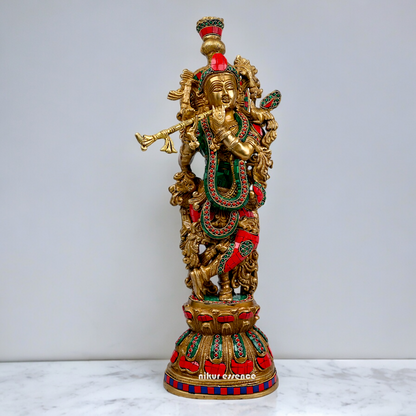 Large Krishna Playing Flute Brass with Stone Work Idol - 29 inches Nikuressence