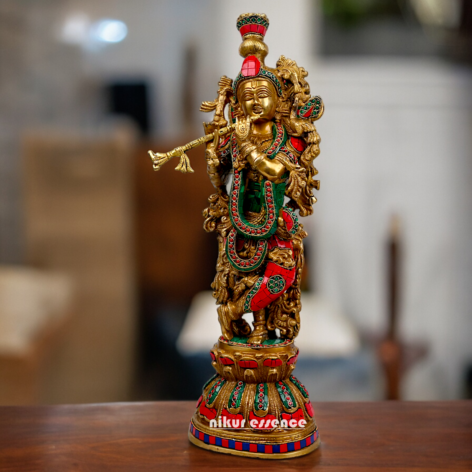 Large Krishna Playing Flute Brass with Stone Work Idol - 29 inches Nikuressence