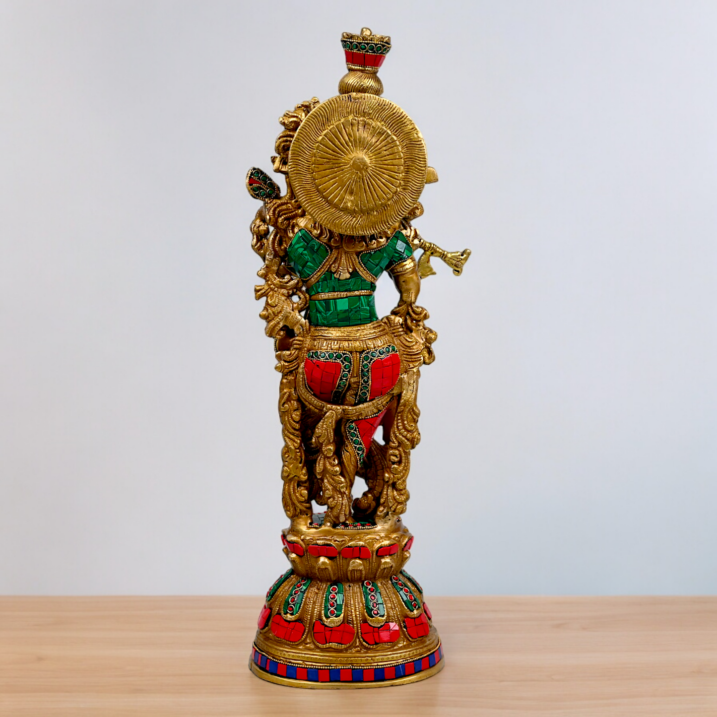 Large Krishna Playing Flute Brass with Stone Work Idol - 29 inches Nikuressence