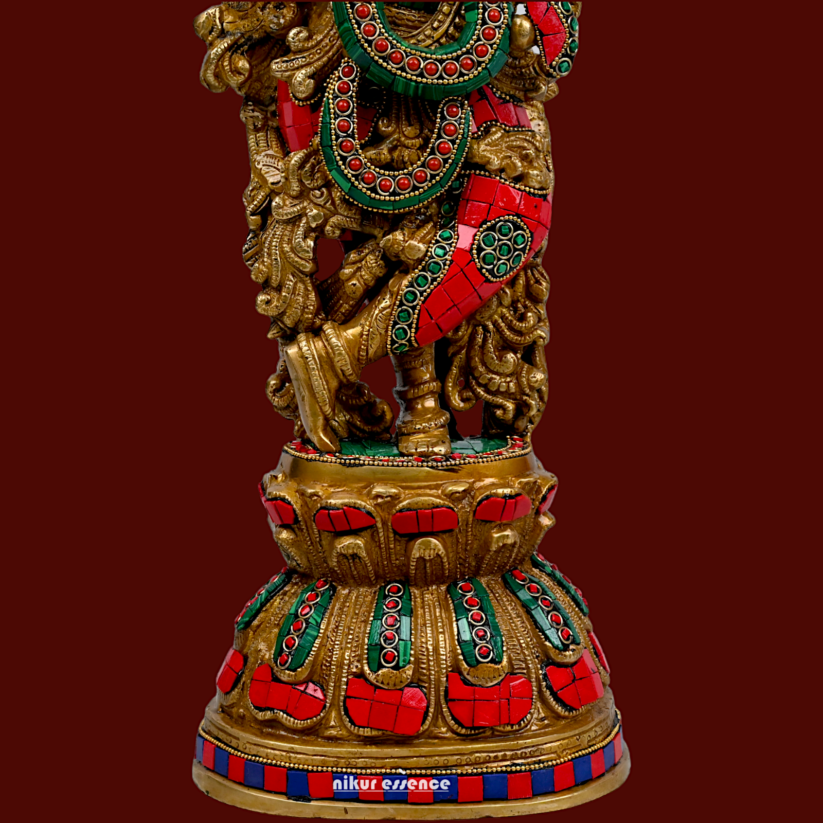 Large Krishna Playing Flute Brass with Stone Work Idol - 29 inches Nikuressence