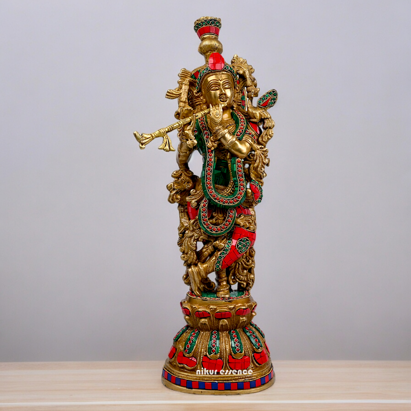 Large Krishna Playing Flute Brass with Stone Work Idol - 29 inches Nikuressence