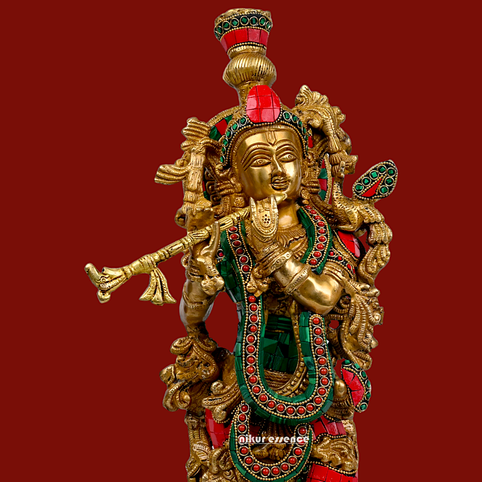 Large Krishna Playing Flute Brass with Stone Work Idol - 29 inches Nikuressence