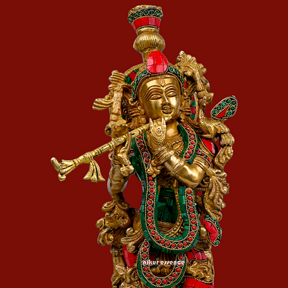 Large Krishna Playing Flute Brass with Stone Work Idol - 29 inches Nikuressence