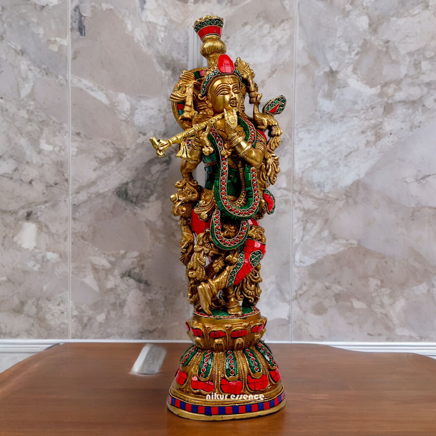 Large Krishna Playing Flute Brass with Stone Work Idol - 29 inches Nikuressence