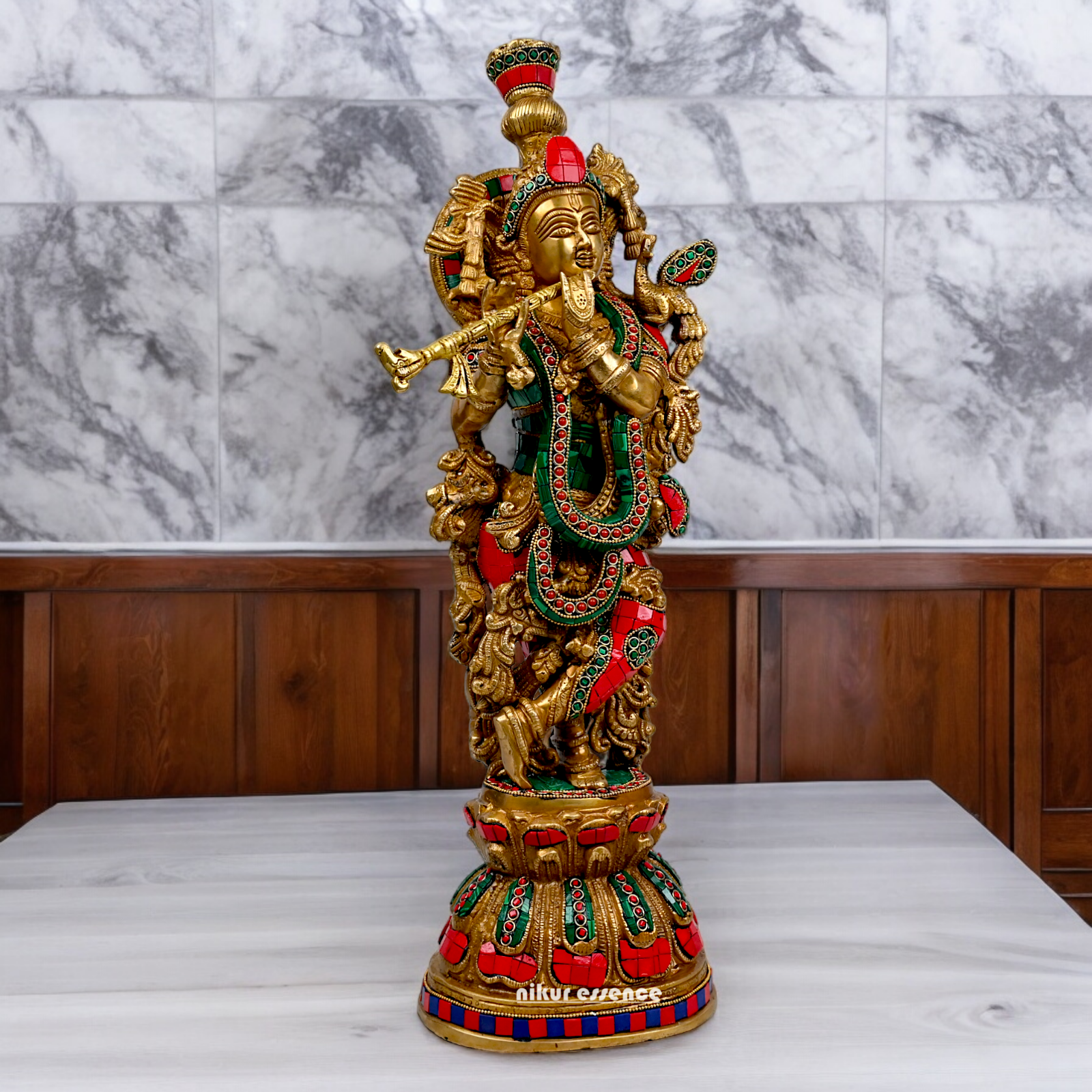 Large Krishna Playing Flute Brass with Stone Work Idol - 29 inches Nikuressence