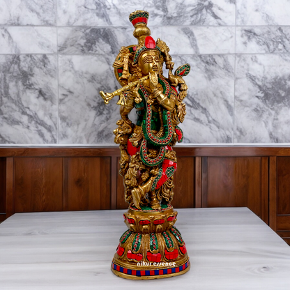 Large Krishna Playing Flute Brass with Stone Work Idol - 29 inches Nikuressence