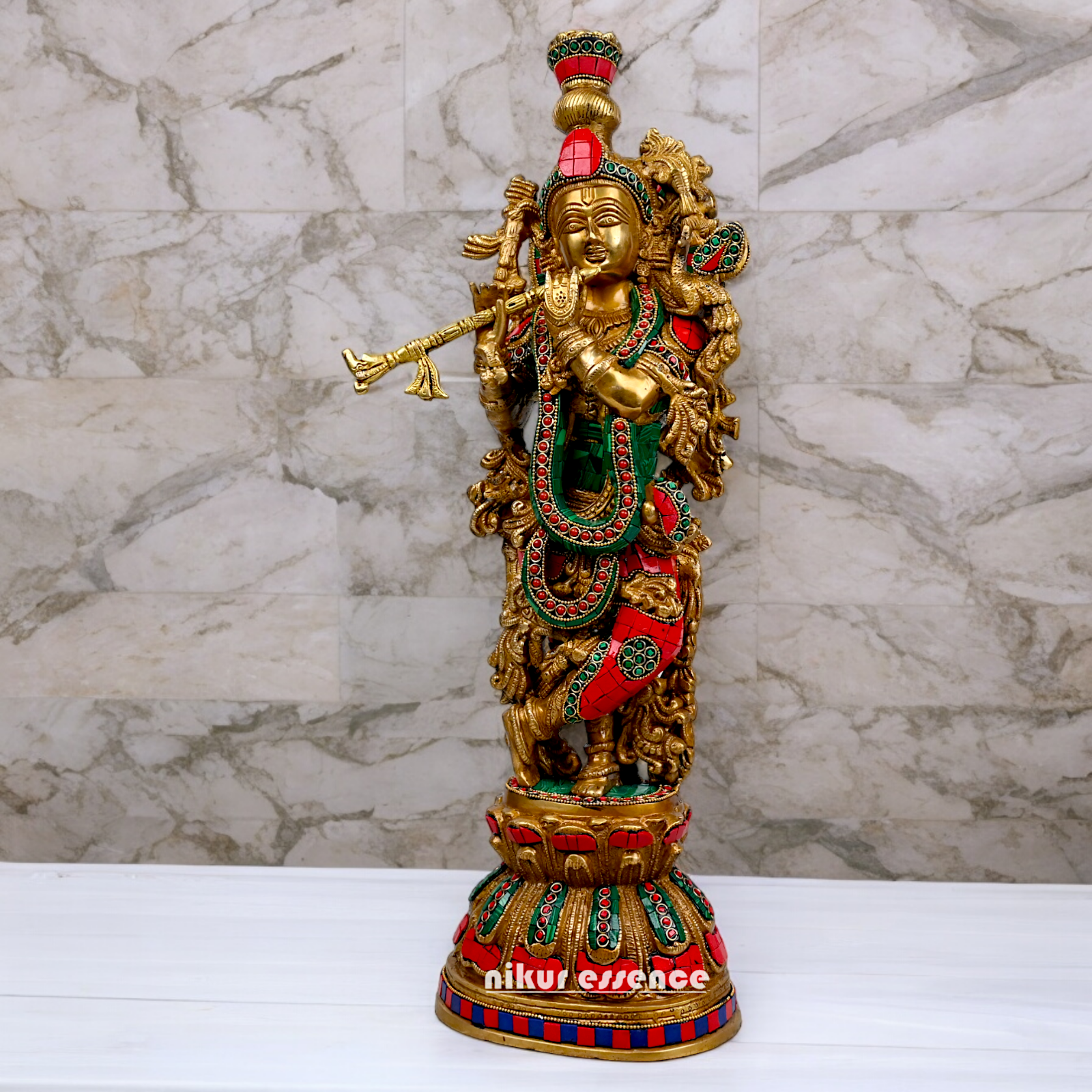 Large Krishna Playing Flute Brass with Stone Work Idol - 29 inches Nikuressence