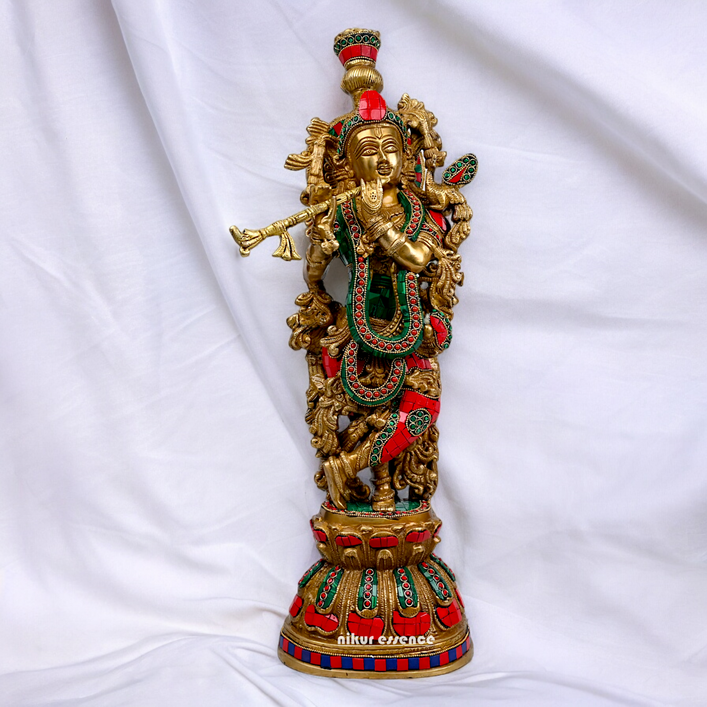 Large Krishna Playing Flute Brass with Stone Work Idol - 29 inches Nikuressence