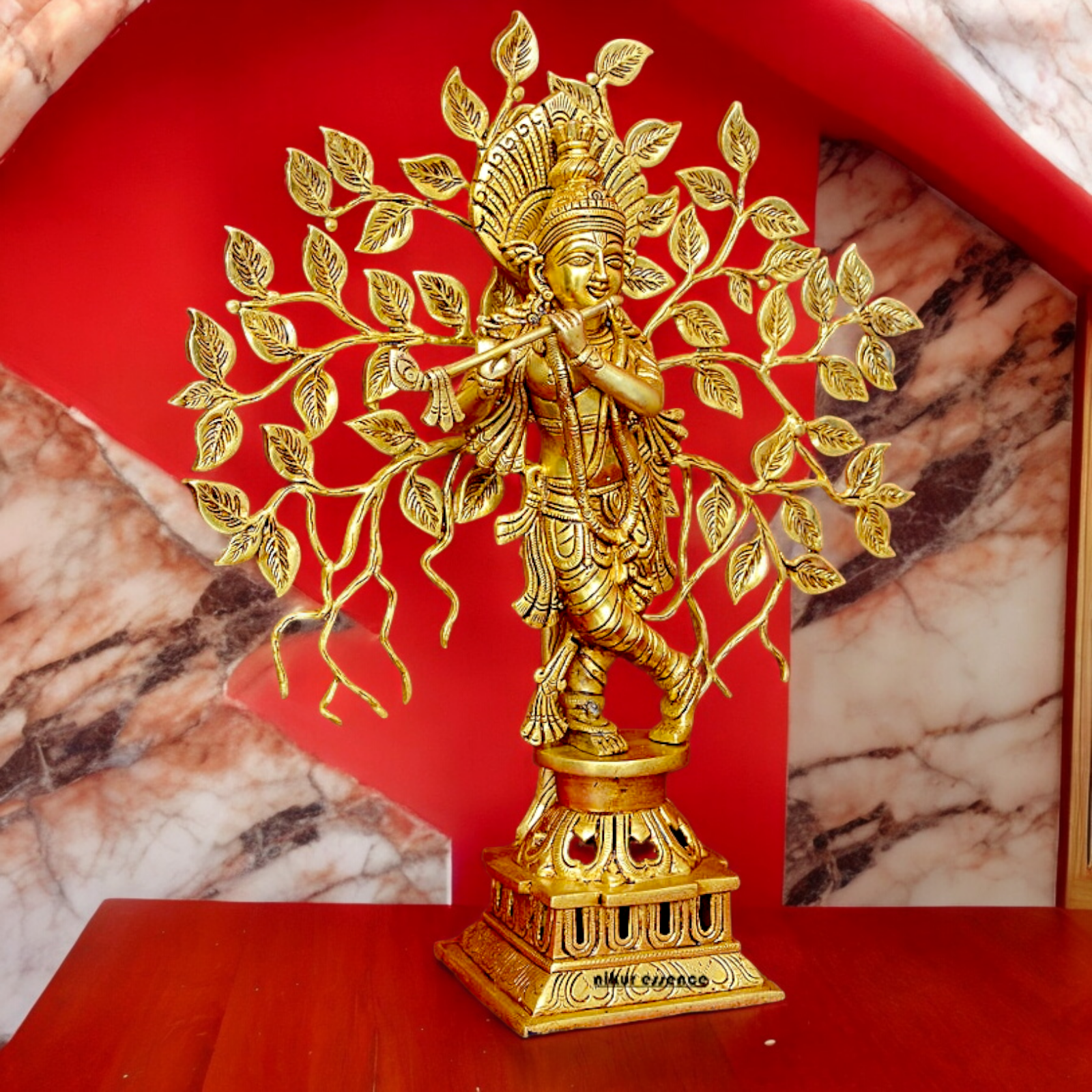 Buy Brass Krishna Playing Flute with Tree Idol - 18 inches | Handcrafted Hindu Statue Nikuressence