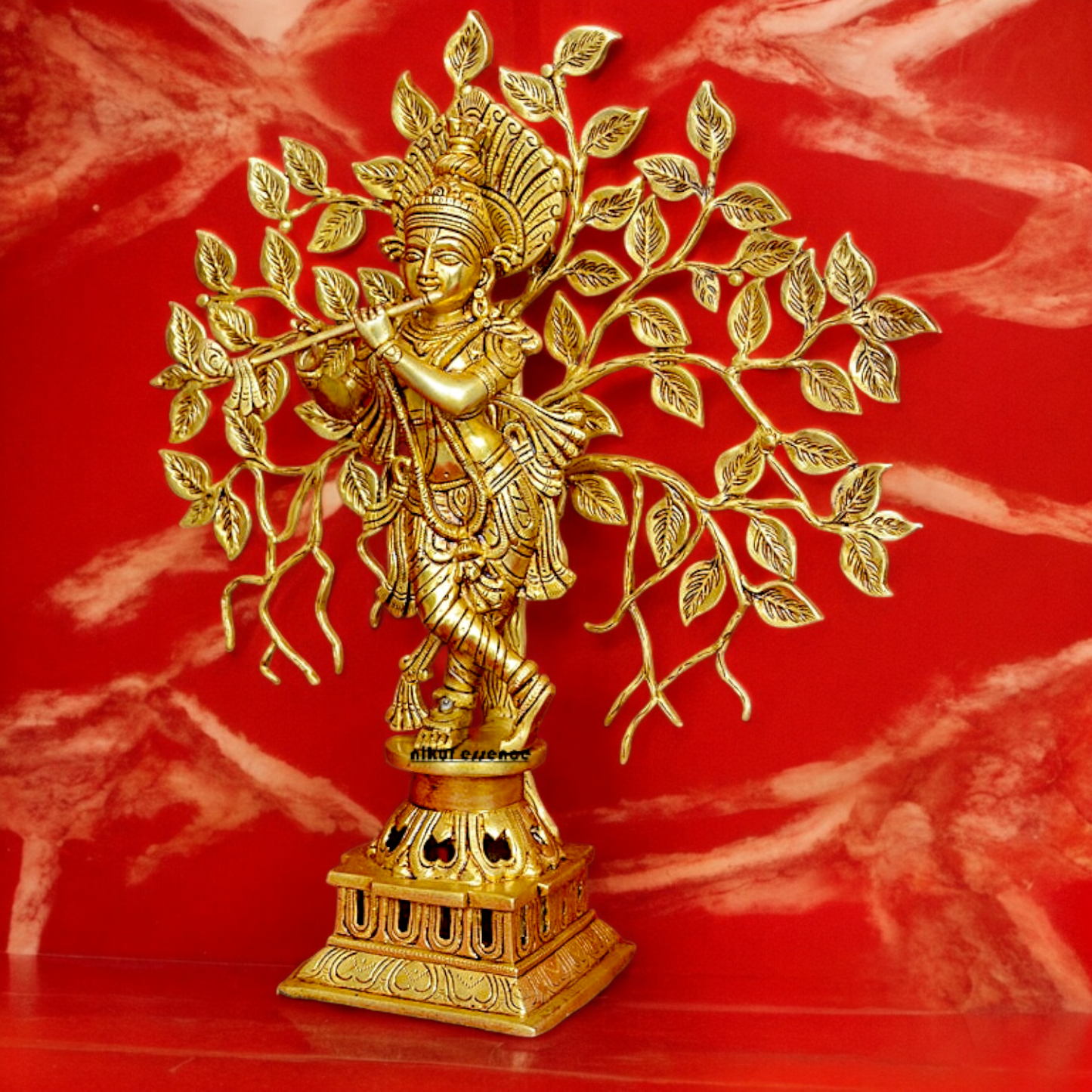 Buy Brass Krishna Playing Flute with Tree Idol - 18 inches | Handcrafted Hindu Statue Nikuressence