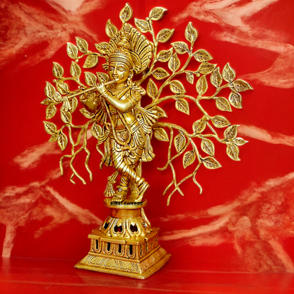 Buy Brass Krishna Playing Flute with Tree Idol - 18 inches | Handcrafted Hindu Statue Nikuressence