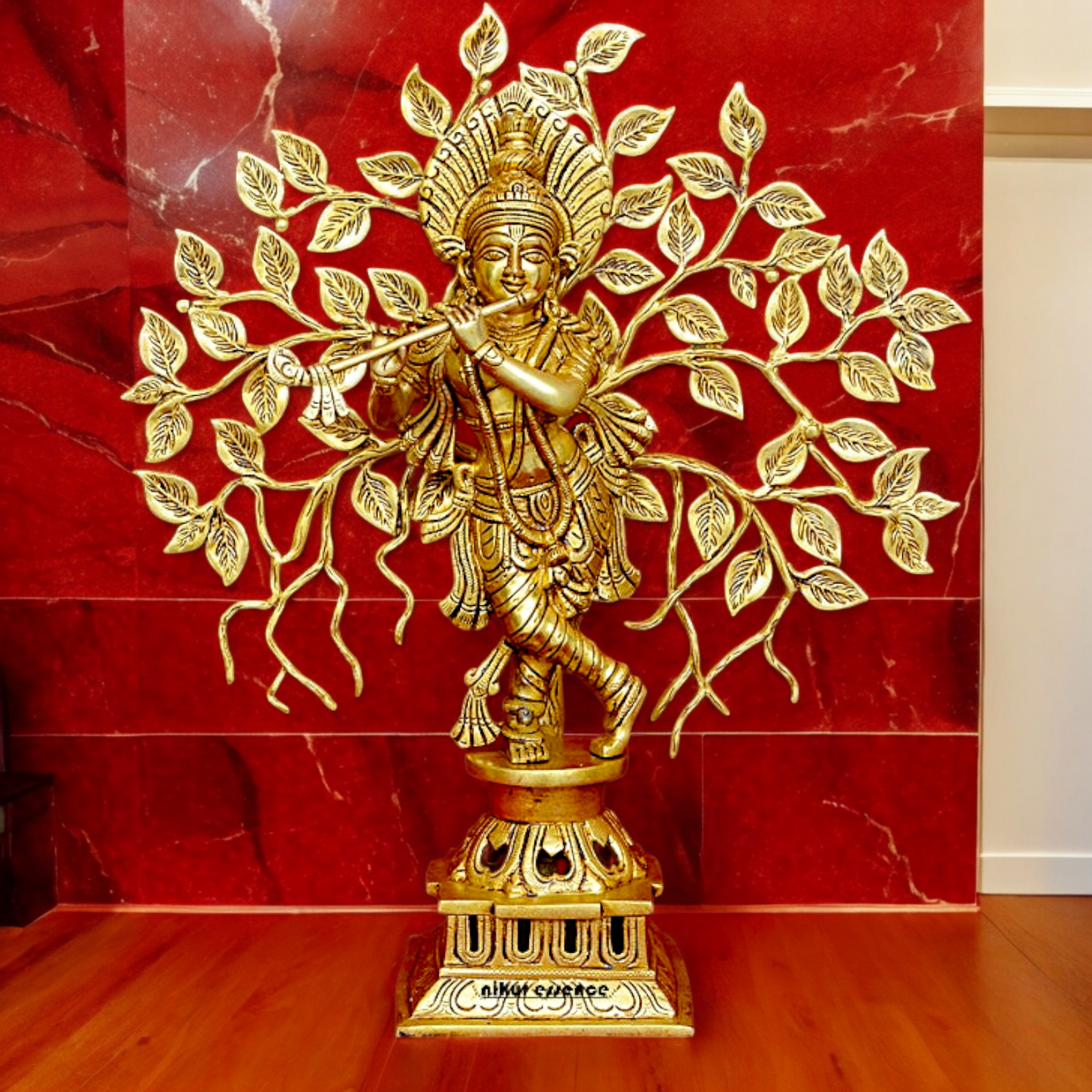 Buy Brass Krishna Playing Flute with Tree Idol - 18 inches | Handcrafted Hindu Statue Nikuressence
