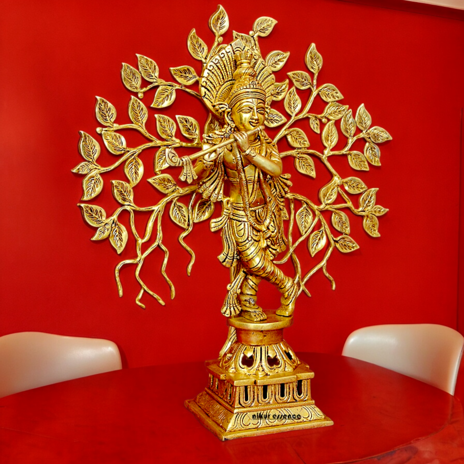Buy Brass Krishna Playing Flute with Tree Idol - 18 inches | Handcrafted Hindu Statue Nikuressence