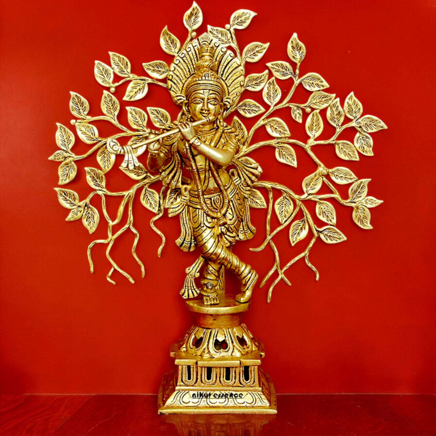 Buy Brass Krishna Playing Flute with Tree Idol - 18 inches | Handcrafted Hindu Statue Nikuressence