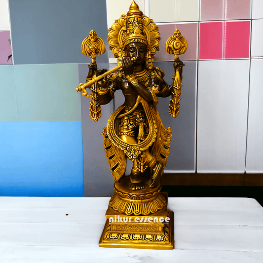 Brass Krishna statue: Intricate Handcrafted Detailing, Majestic Design, and Spiritual Elegance for Home and Temple Decoration Nikuressence
