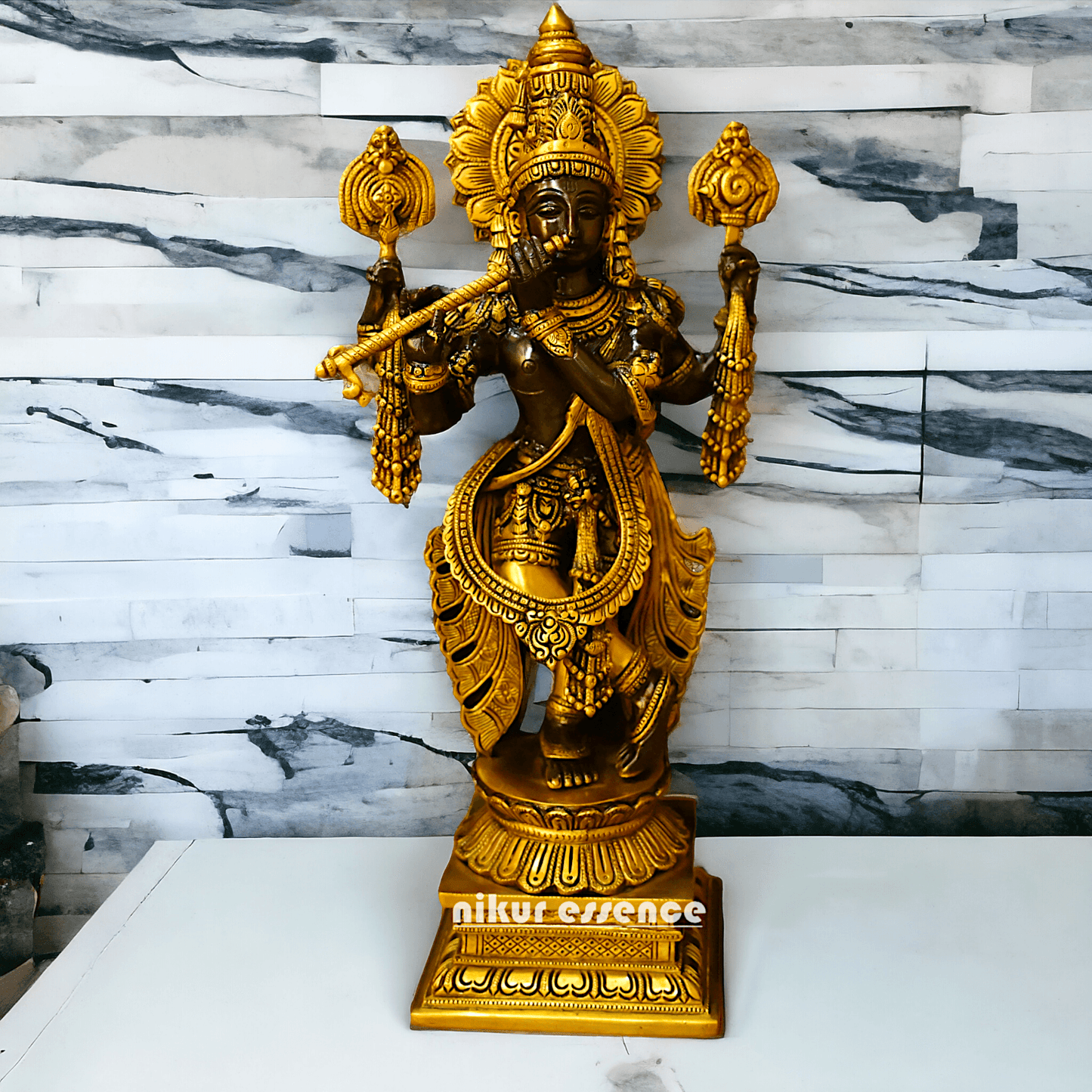 Brass Krishna statue: Intricate Handcrafted Detailing, Majestic Design, and Spiritual Elegance for Home and Temple Decoration Nikuressence
