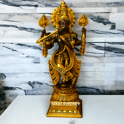 Brass Krishna statue: Intricate Handcrafted Detailing, Majestic Design, and Spiritual Elegance for Home and Temple Decoration Nikuressence