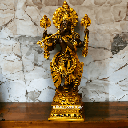 Brass Krishna statue: Intricate Handcrafted Detailing, Majestic Design, and Spiritual Elegance for Home and Temple Decoration Nikuressence