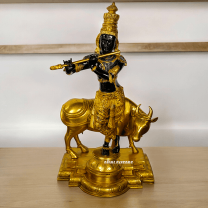 Large brass Krishna with Cow Statue | brass Krishna with Cow Statue- 25 inch height Nikuressence