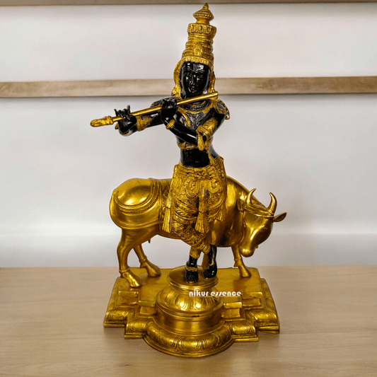 Large brass Krishna with Cow Statue | brass Krishna with Cow Statue- 25 inch height Nikuressence