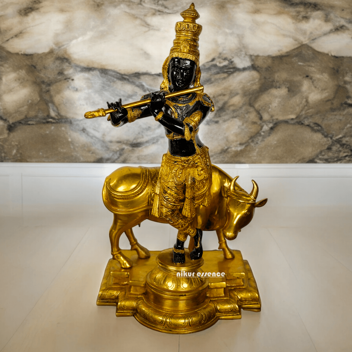 Large brass Krishna with Cow Statue | brass Krishna with Cow Statue- 25 inch height Nikuressence