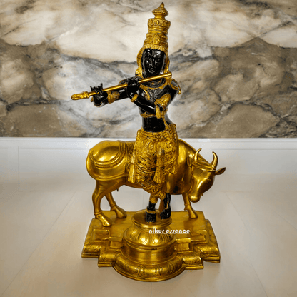 Large brass Krishna with Cow Statue | brass Krishna with Cow Statue- 25 inch height Nikuressence