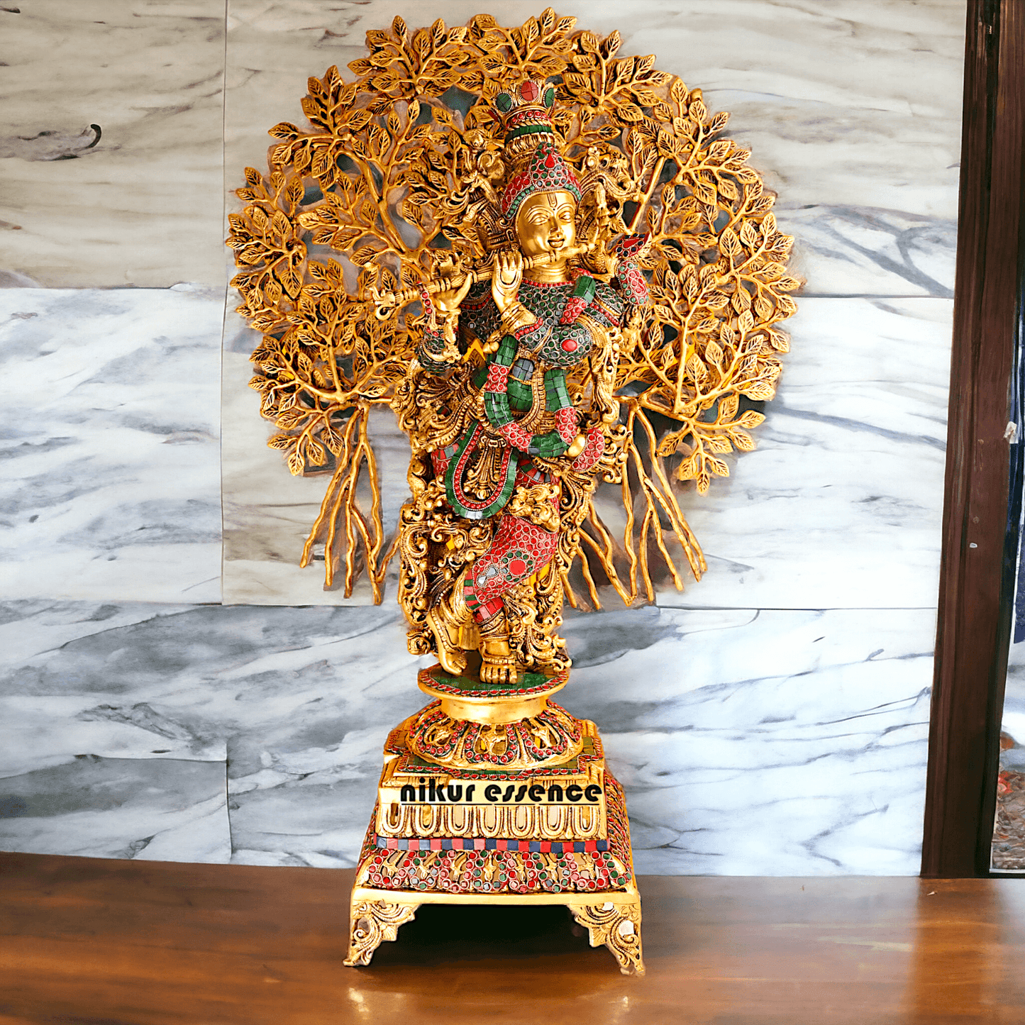 Pure Brass Krishna with Tree Design | Hindu God Krishna | Brass Krishna | Stone work Nikuressence