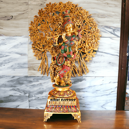 Pure Brass Krishna with Tree Design | Hindu God Krishna | Brass Krishna | Stone work Nikuressence