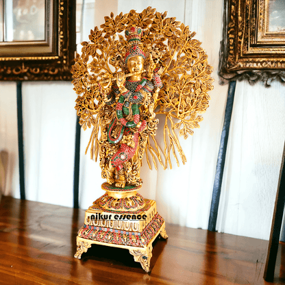 Pure Brass Krishna with Tree Design | Hindu God Krishna | Brass Krishna | Stone work Nikuressence