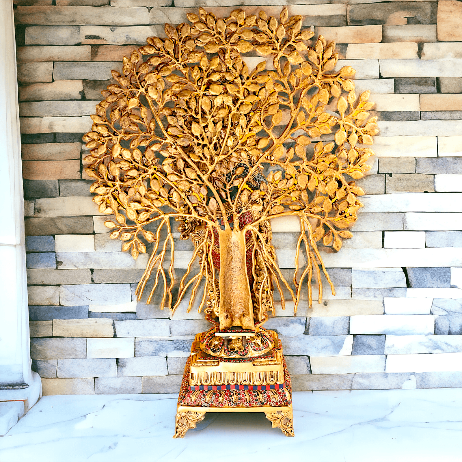 Pure Brass Krishna with Tree Design | Hindu God Krishna | Brass Krishna | Stone work Nikuressence