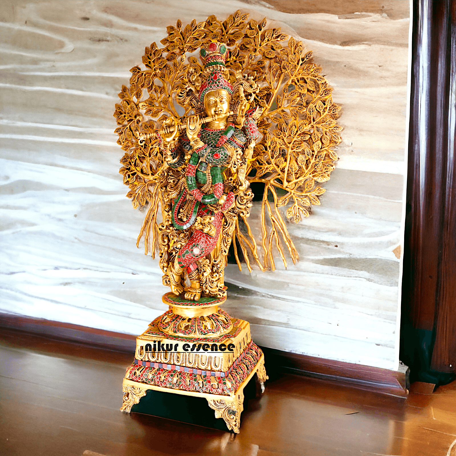 Pure Brass Krishna with Tree Design | Hindu God Krishna | Brass Krishna | Stone work Nikuressence