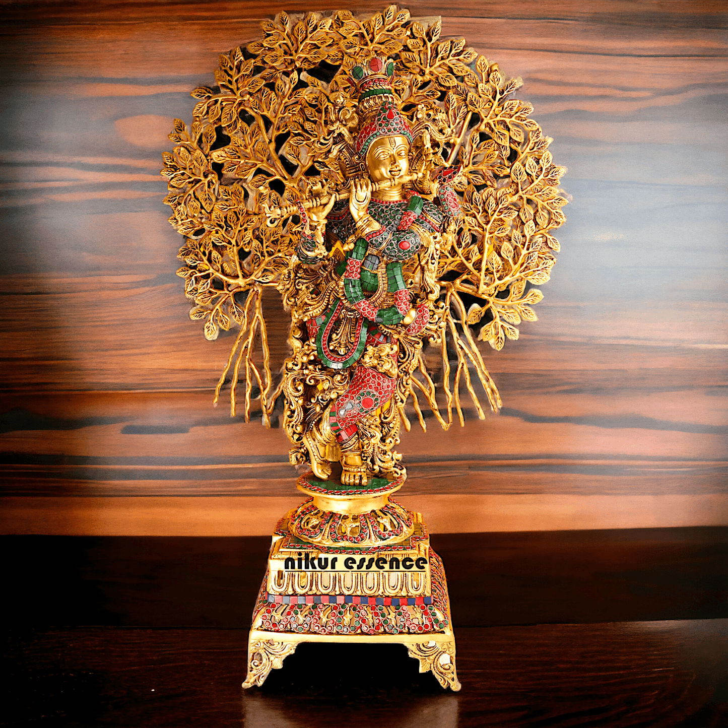 Pure Brass Krishna with Tree Design | Hindu God Krishna | Brass Krishna | Stone work Nikuressence
