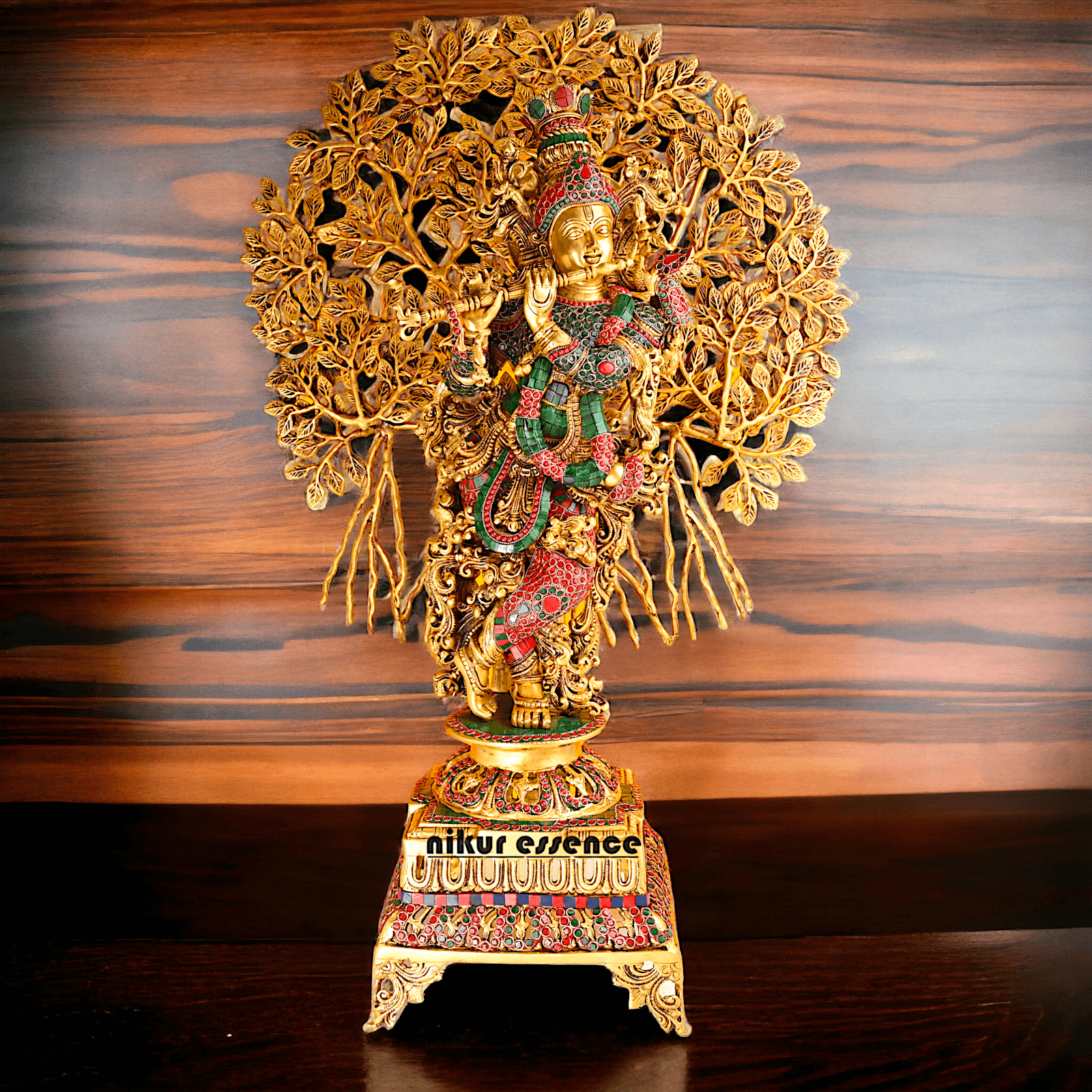 Pure Brass Krishna with Tree Design | Hindu God Krishna | Brass Krishna | Stone work Nikuressence